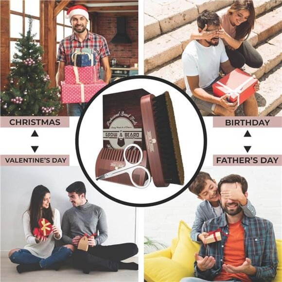 Beard Brush For Men & Beard Comb Set w/Mustache Scissors , Natural Boar Bristle - Picture 5 of 6